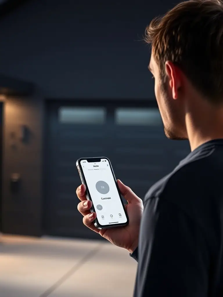 A homeowner using a smartphone app to remotely control their automated garage door, demonstrating the convenience and smart technology of Clover Garage Door's automation services.