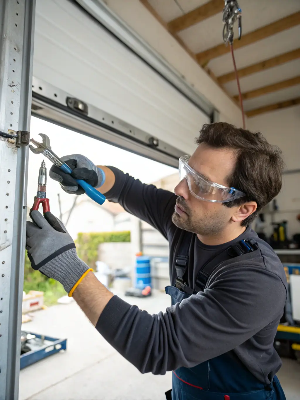 A garage door with a broken spring, cables hanging loose, and a technician working to repair it, emphasizing the urgency and expertise of Clover Garage Door's emergency repair service.