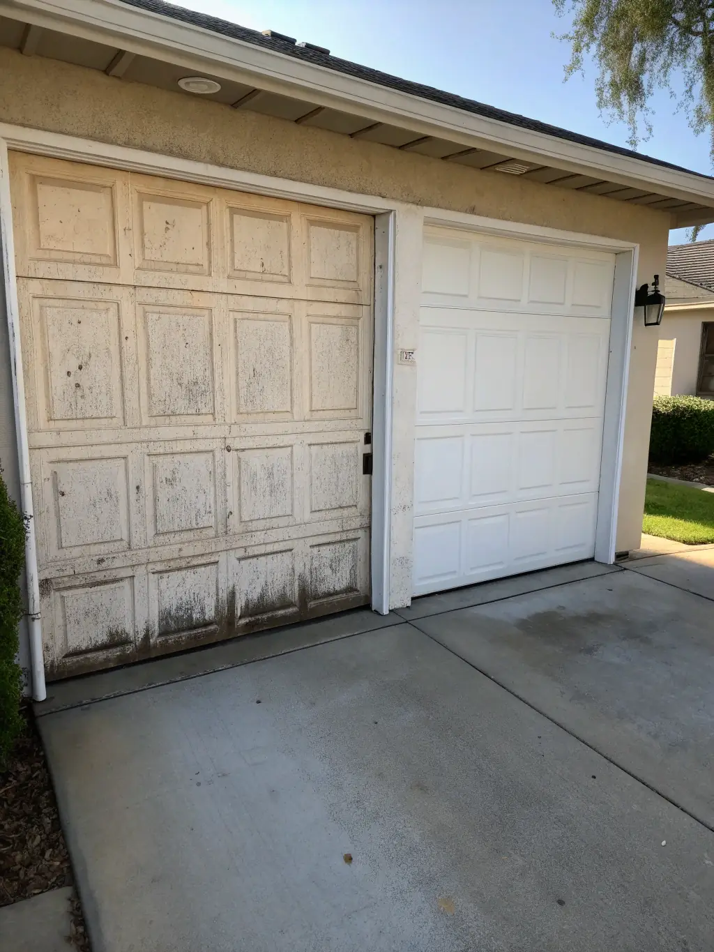 A side-by-side comparison image showing an old, outdated garage door next to a new, energy-efficient model installed by Clover Garage Door, emphasizing the benefits of upgrading.