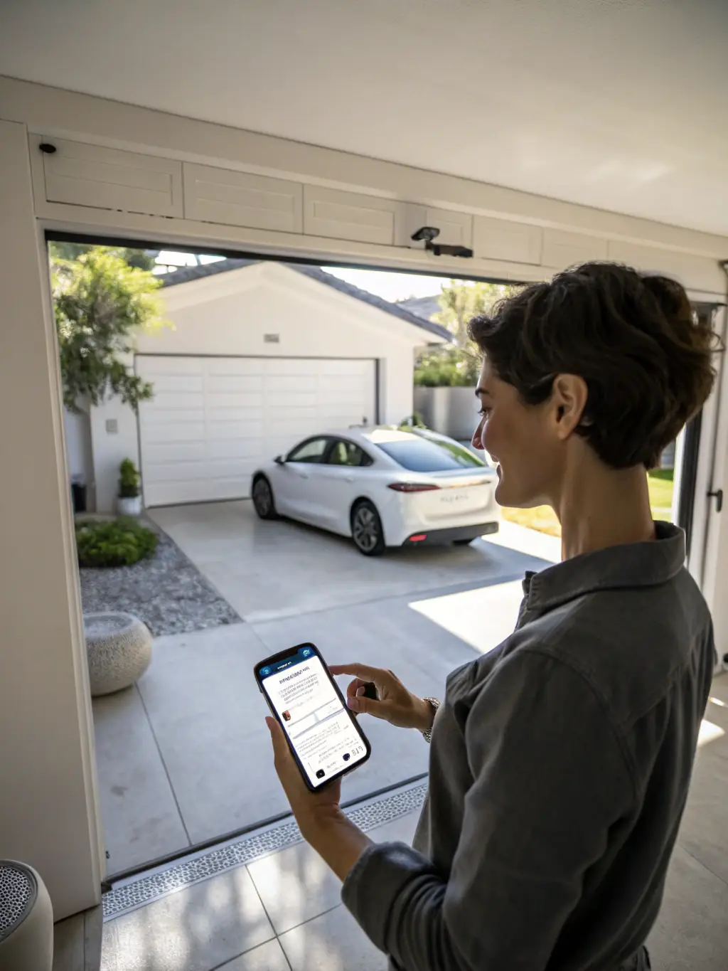 A smart garage door opener with a smartphone displaying the control interface, highlighting the convenience and security features of Clover Garage Door's automation services.