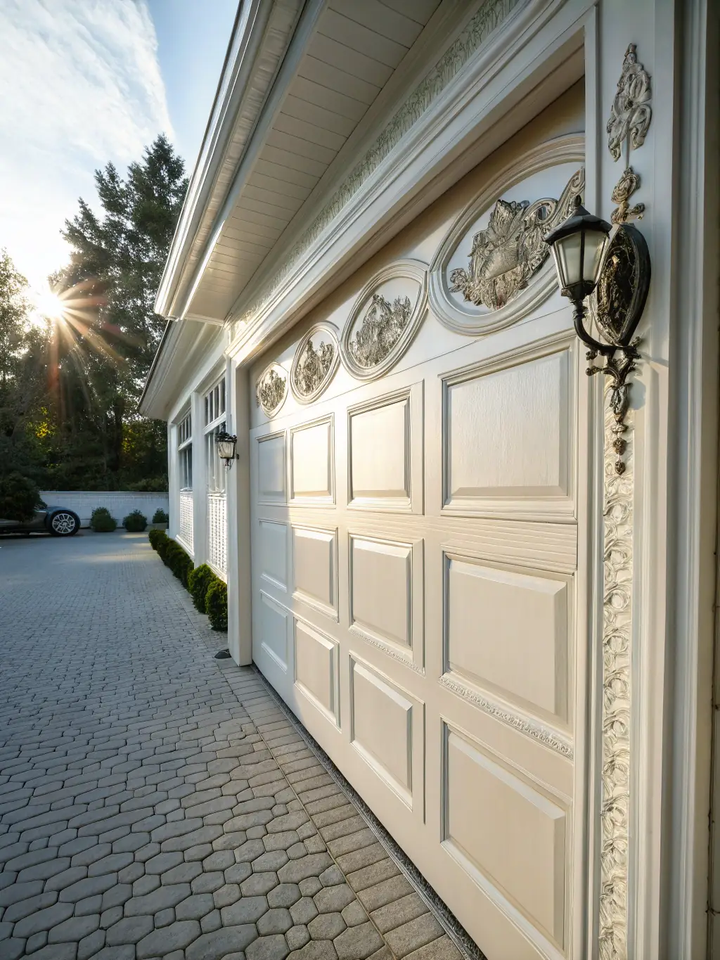 A newly installed, modern garage door with clean lines and a sleek design, showcasing the quality and aesthetic options available through Clover Garage Door's new installation service.