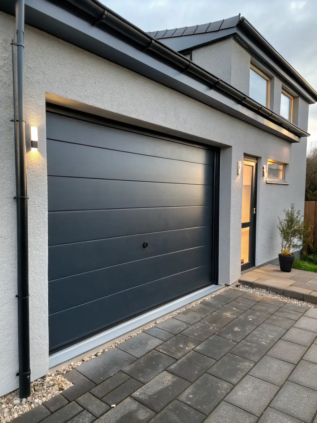 A modern garage door with enhanced insulation, showcasing energy efficiency and cost savings.