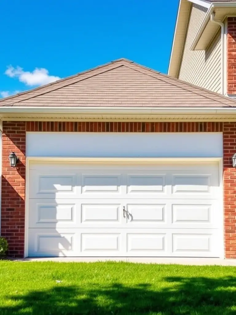 A newly installed, modern garage door on a residential home in a suburban neighborhood, highlighting the aesthetic appeal and quality of Clover Garage Door's custom installation services.
