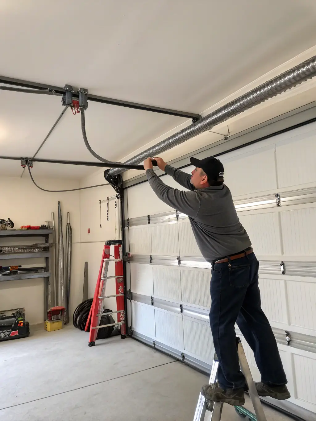 A close-up shot of a Clover Garage Door technician expertly repairing a broken garage door spring, showcasing their expertise and the emergency repair service.